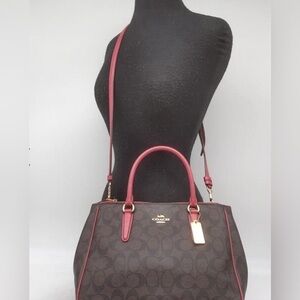 Coach Surrey Signature Dark Brown/Red Coated Canvas Satchel Handbag Purse